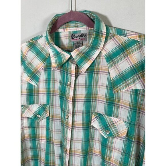 Wrangler Top Women 3X Green Collar Neck Pearl Metal Snap Plaid Western Rodeo 80s - Picture 5 of 10